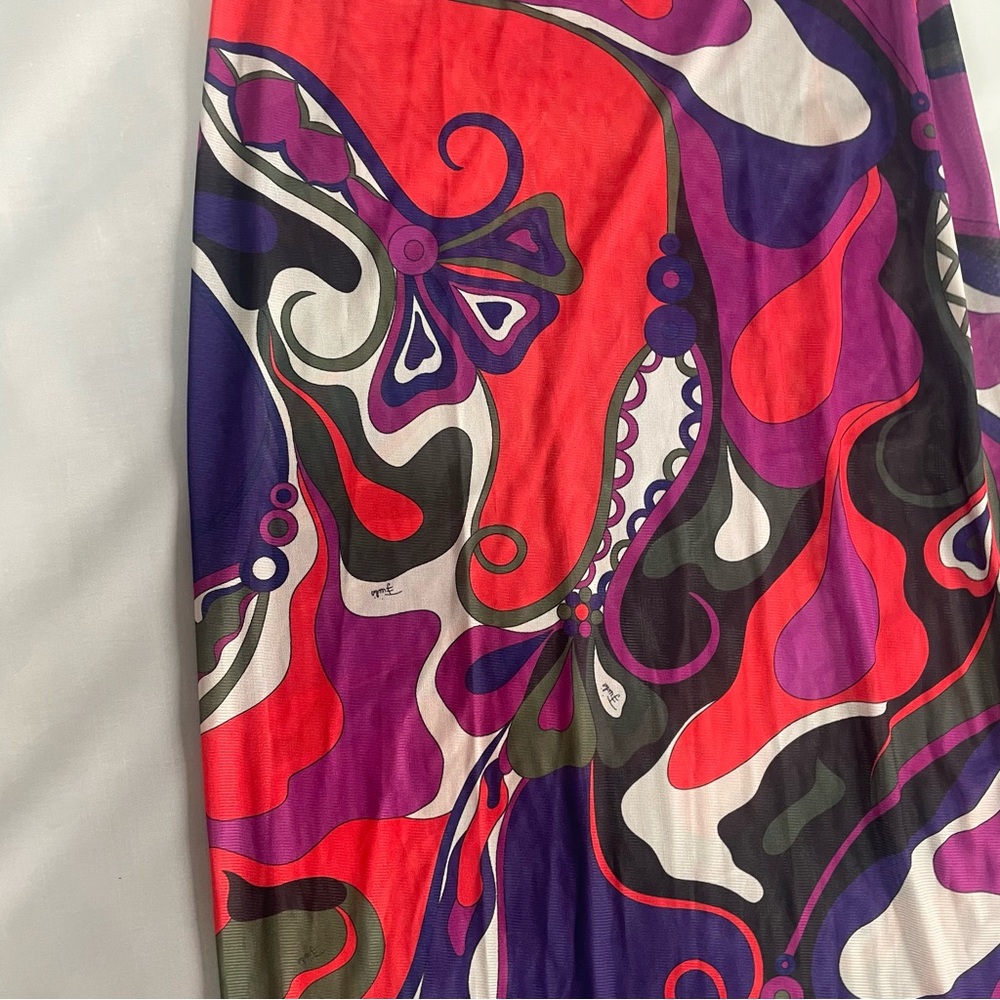 Emilio Pucci Vibrant Abstract Print Turtleneck Sheer Mesh Flared Maxi Dress - Picture 5 of 8